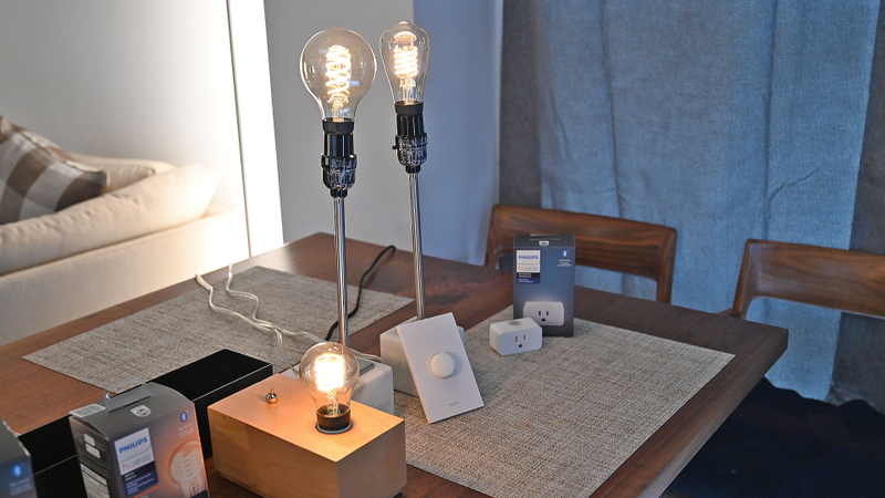 From left to right: the standard vintage bulb, the globe-style bulb, and the tube-style Hue bulb.